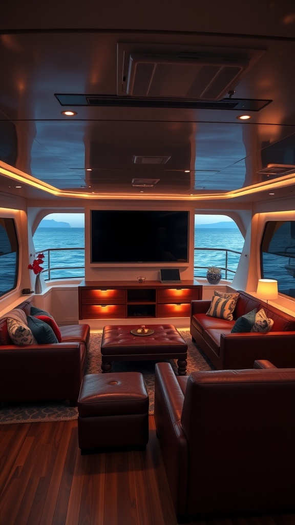 Luxury yacht interior with a cozy entertainment area featuring leather sofas and a large screen.