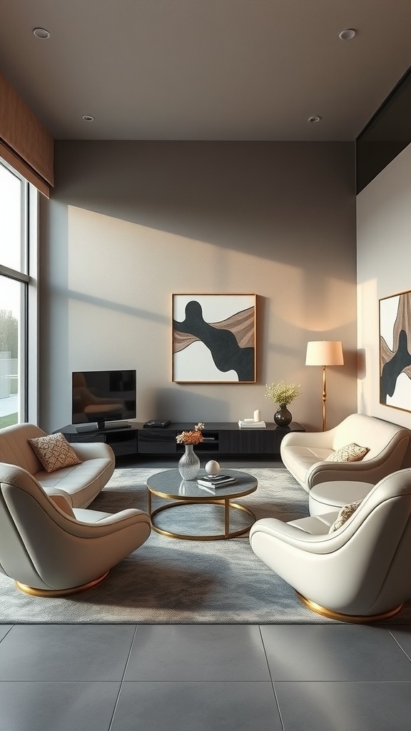 A modern living room featuring curved furniture and minimalist decor.