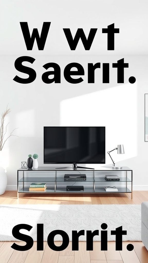 A modern glass TV unit with a television and decorative items
