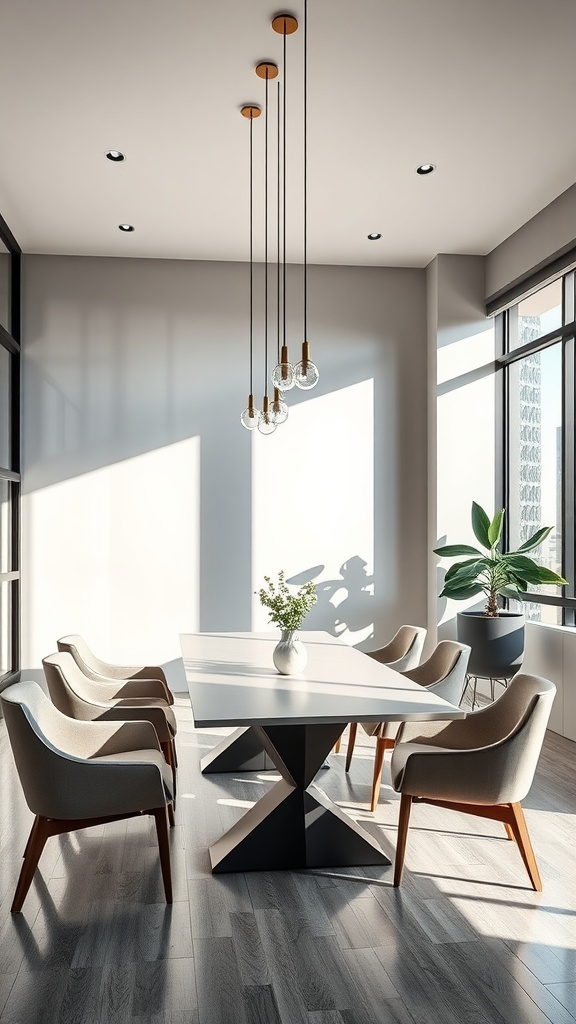 A modern dining area featuring a geometric table and sleek chairs.