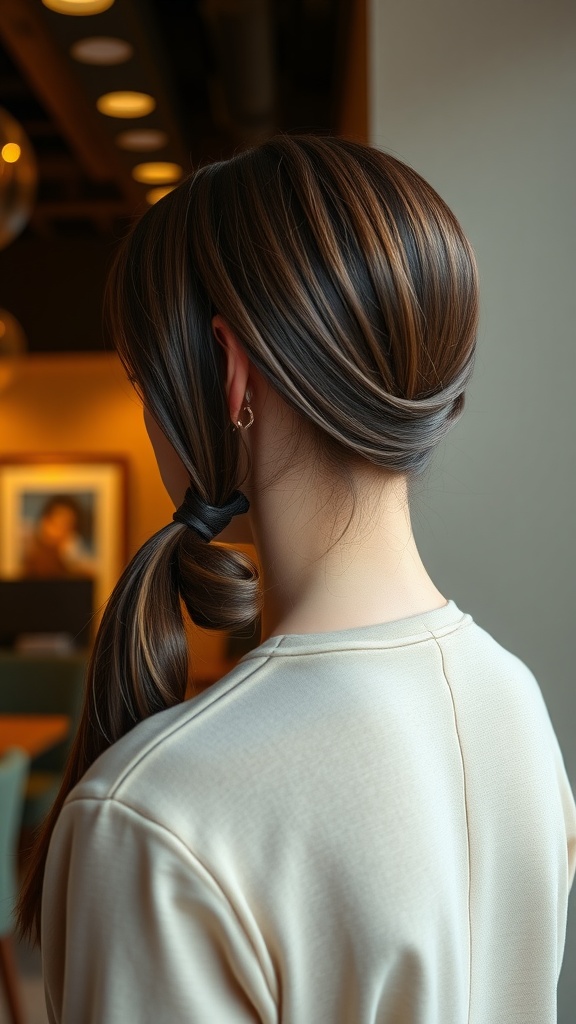 A woman with long, sleek hair styled in a low ponytail, viewed from behind.