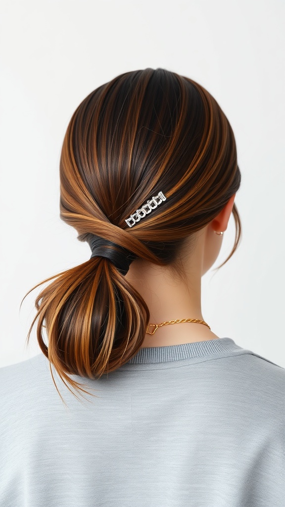 Sleek low ponytail held with a claw clip, featuring brown and blonde highlights.