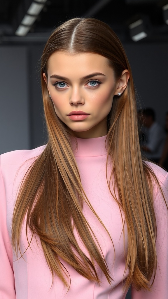 A model with long, straight hair styled with a center part, wearing a pink top.