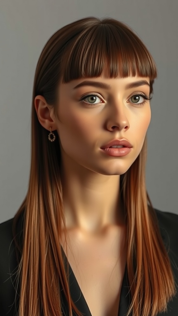 A model with sleek straight hair and micro bangs, showcasing a clean and stylish look.