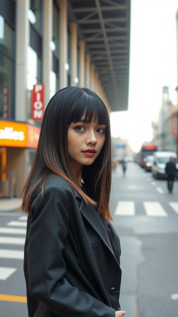 A woman with medium length sleek straight hair in a city setting.