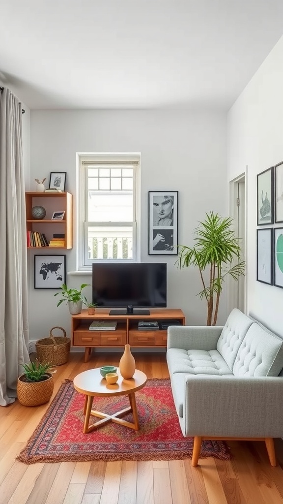 Cozy small living room with plants, art, and modern furniture.