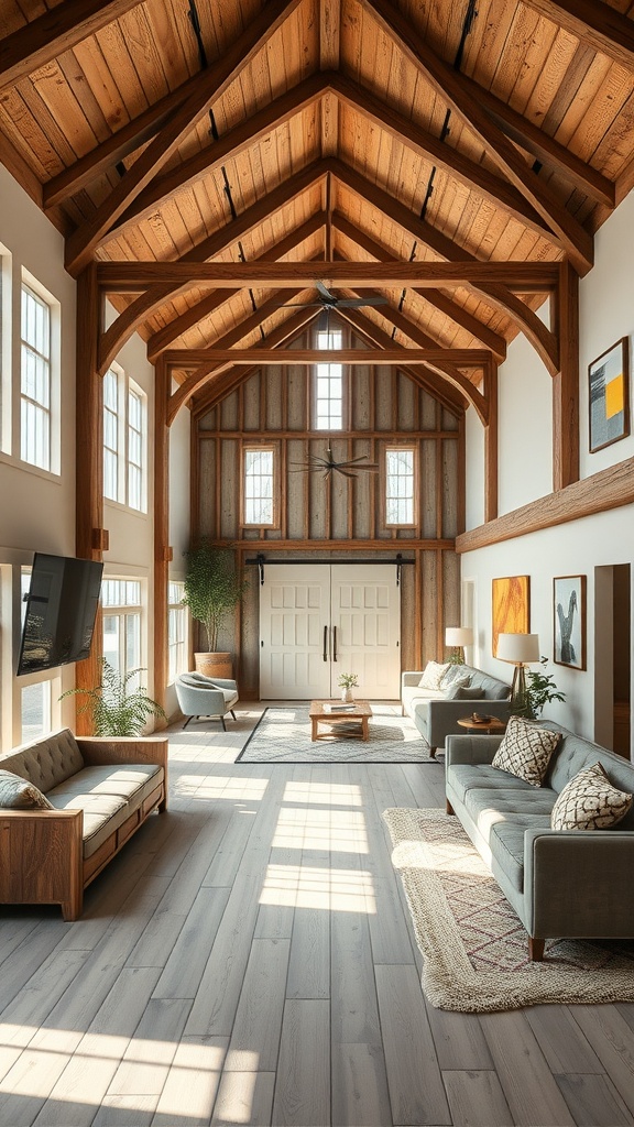 Interior of a barndominium with high wooden ceilings and modern furnishings.