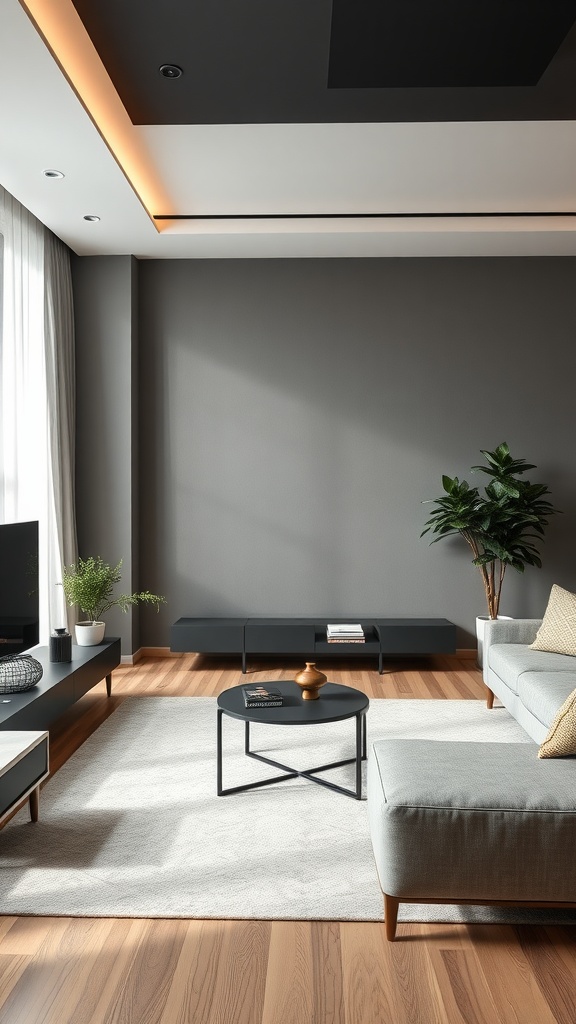 A modern living room featuring smart home technology with minimalist design elements.
