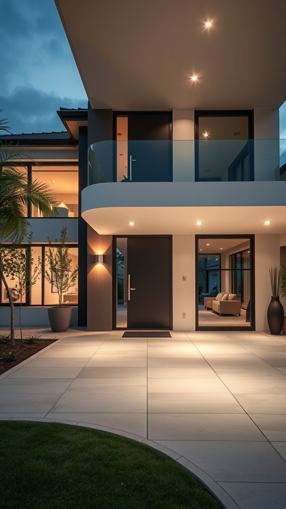 Smart home integrated luxury house exterior at dusk