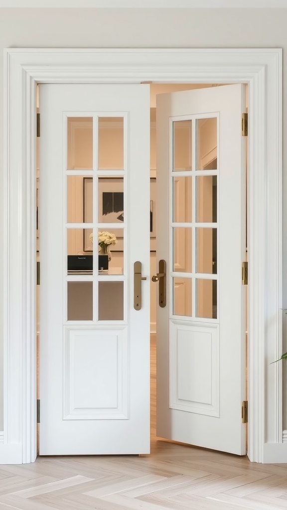 Beautifully designed interior French doors opening into a bright room
