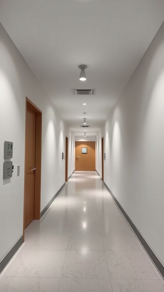 A modern hallway with smart lighting and doors.