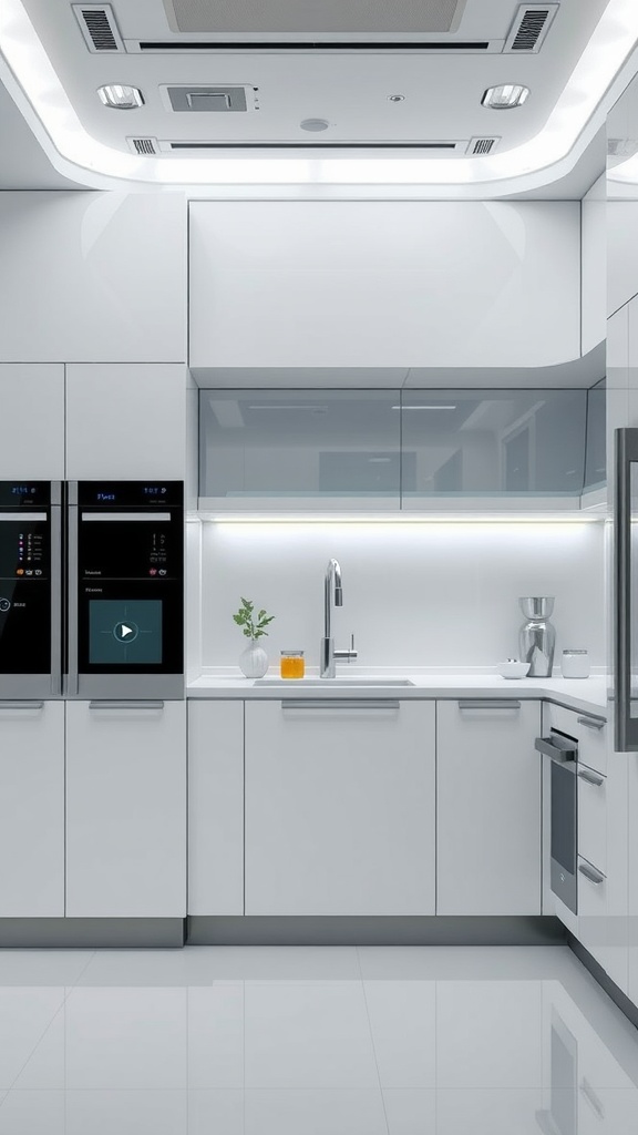 Modern kitchen interior featuring smart technology and sleek design.
