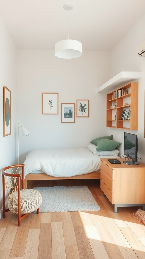 A small bedroom featuring a bed, a shelf with books, and a cozy chair