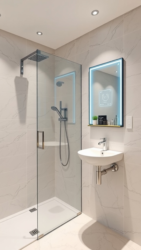 Modern bathroom design featuring smart technology like a smart mirror and sleek shower.