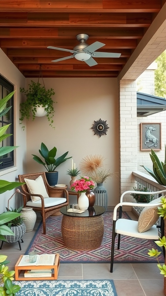 A cozy small patio interior with stylish furniture and decor elements.