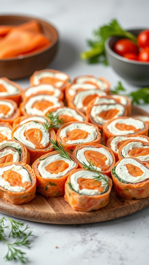 Smoked salmon and cream cheese roll-ups arranged on a wooden platter.
