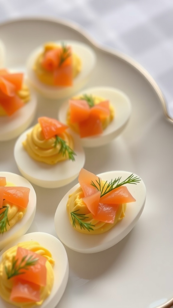 Delicious smoked salmon deviled eggs garnished with dill.