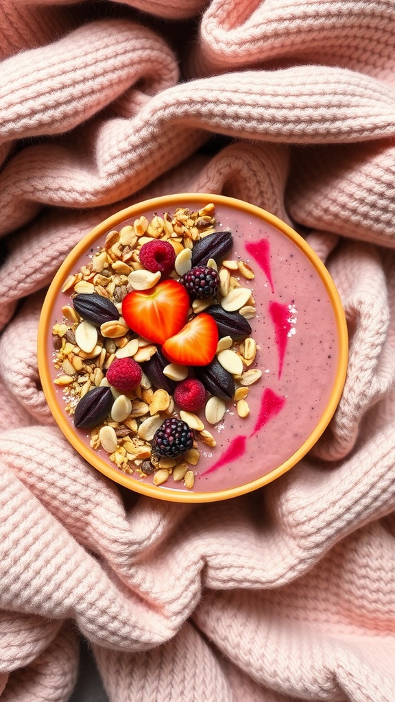 A colorful smoothie bowl topped with nuts, seeds, and berries.