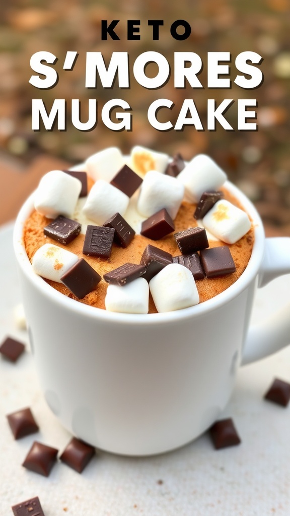 A close-up of a keto s'mores mug cake topped with chocolate pieces and mini marshmallows.