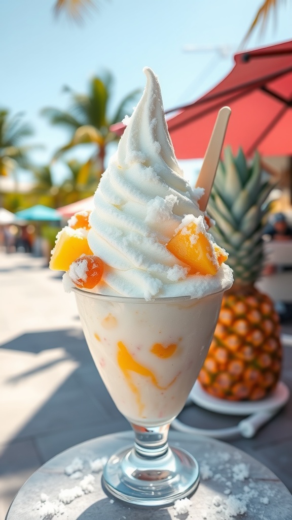 A delicious bowl of snow ice cream topped with fruit.