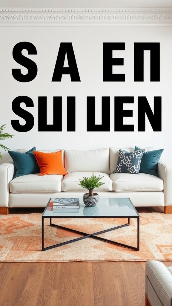A cozy living room featuring a white sofa with colorful cushions and a stylish coffee table.