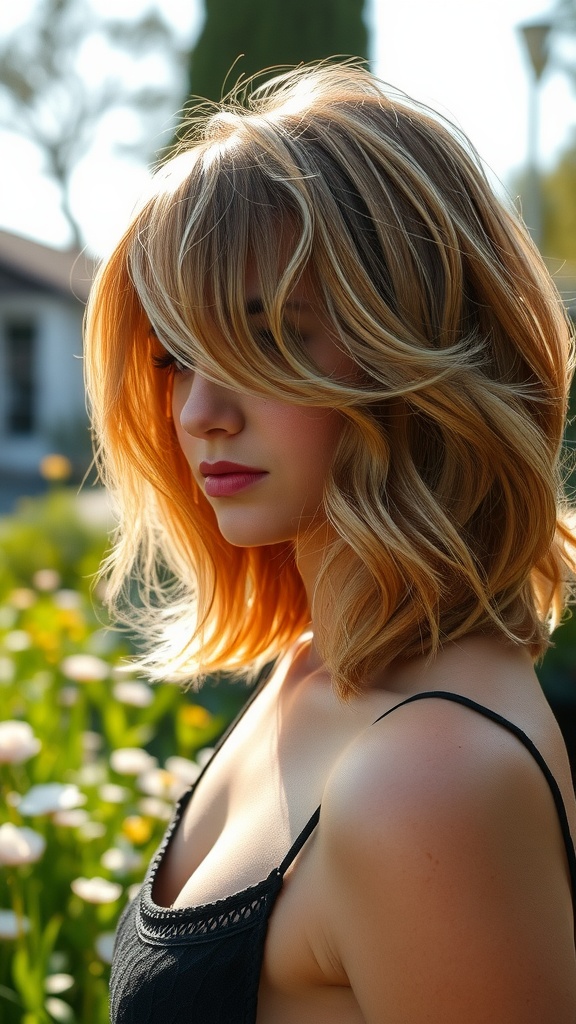 A woman with a soft and feminine mullet hairstyle, featuring layered, wavy hair and a gentle side profile in a garden setting.