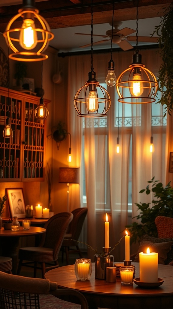 A cozy room with soft lighting from unique light fixtures and candles