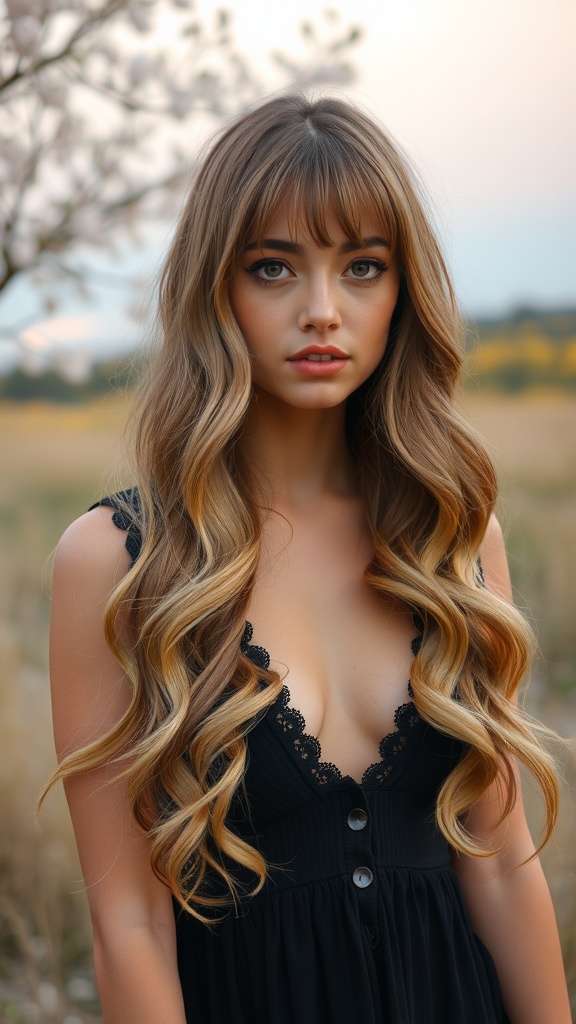 A woman with long, soft waves and bangs, wearing a black dress in a natural setting.