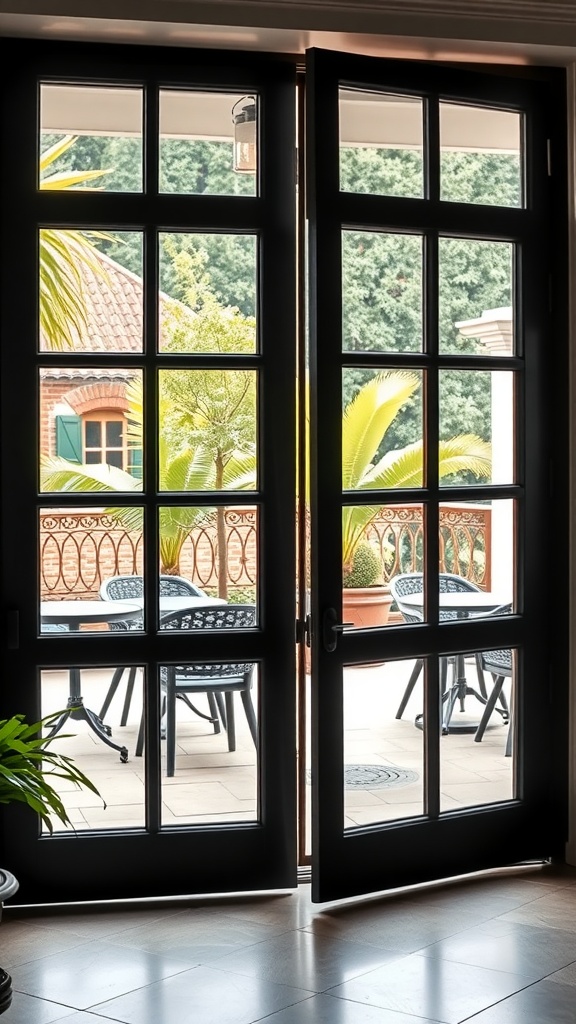 Open black French doors leading to an outdoor patio area