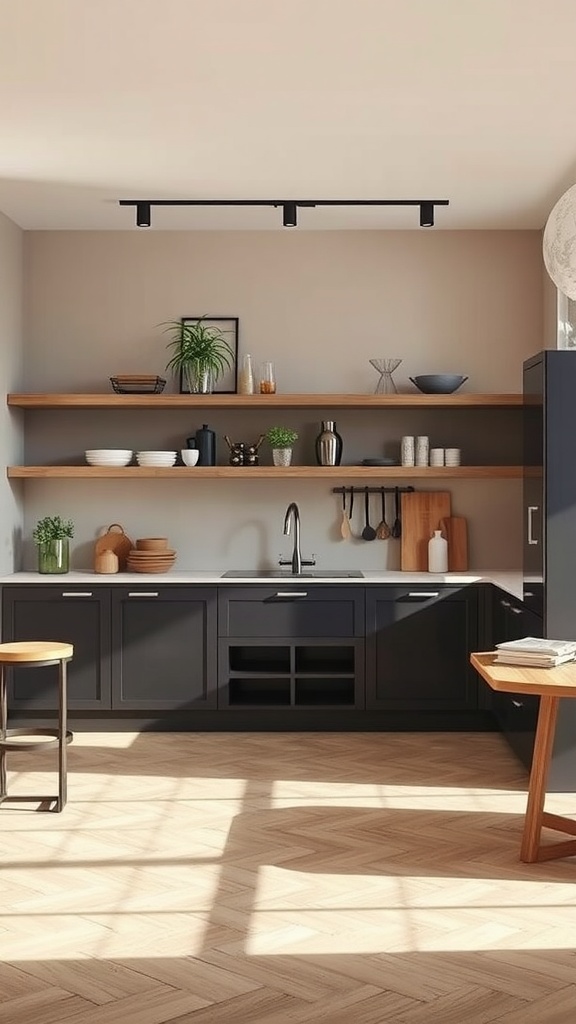 A modern kitchen interior featuring dark cabinets, wooden shelves, and a warm floor