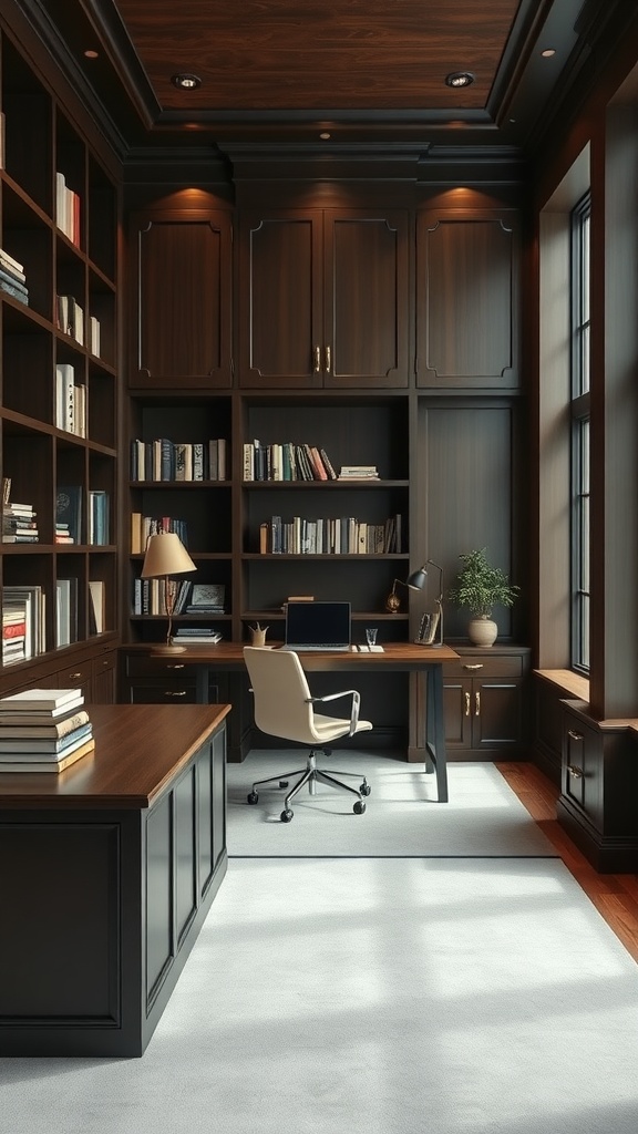 Dark wood interior of a sophisticated home office featuring bookshelves and a modern desk.