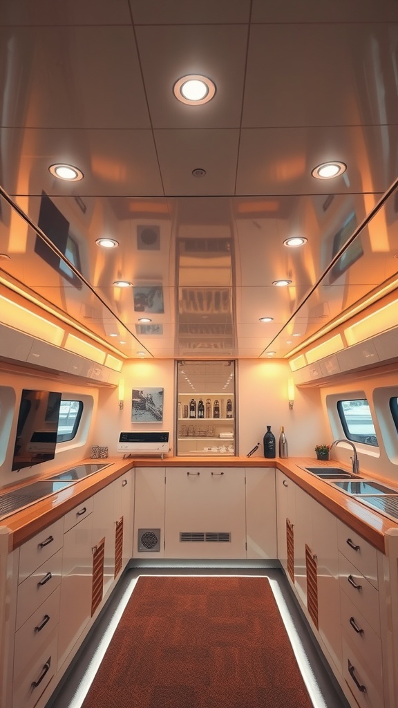 Interior of a luxury yacht showcasing sophisticated lighting design with warm tones.