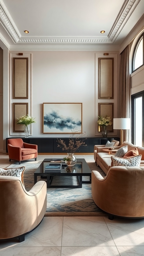 A luxurious living room featuring modern furniture and elegant decor.