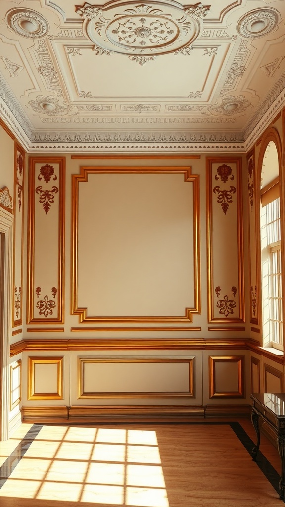 Elegant interior with intricate wall molding and detailed ceiling design.