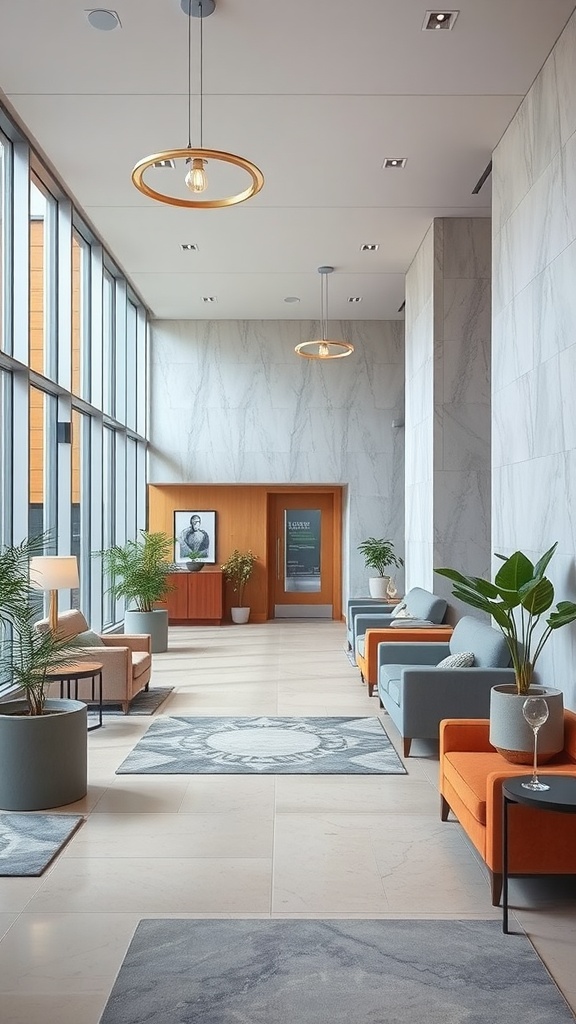 Stylish lobby interior with comfortable seating, plants, and natural light.