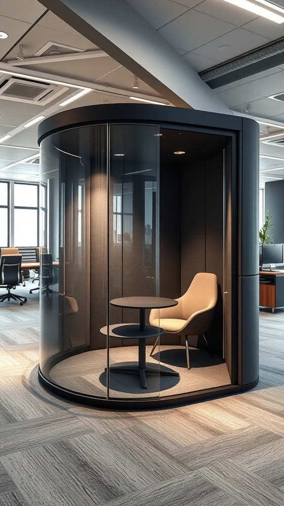 A soundproof meeting pod in a modern office interior, featuring a round design with glass panels and a small table.