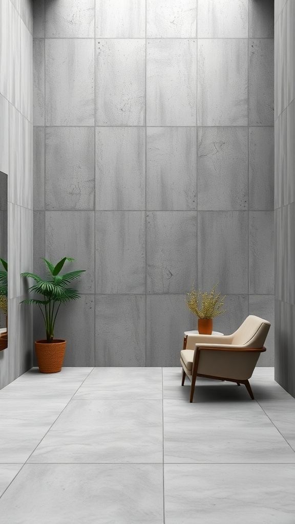 Interior of a room with concrete walls, featuring a cozy chair and plants.