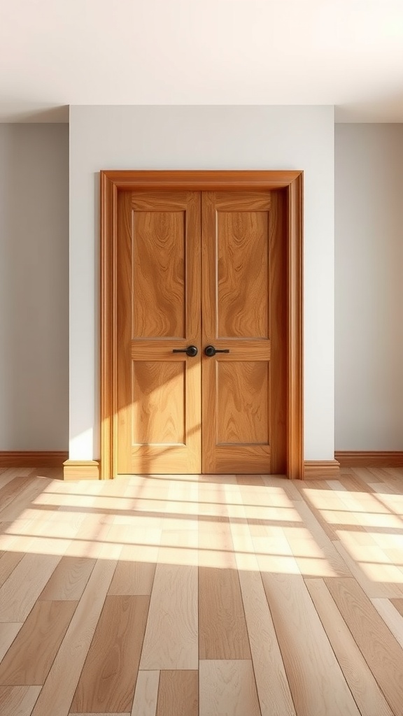 Interior view of a solid wood door in a light-filled room