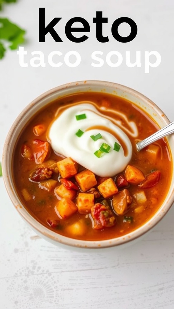 A bowl of keto taco soup topped with a swirl of sour cream and chopped green onions.
