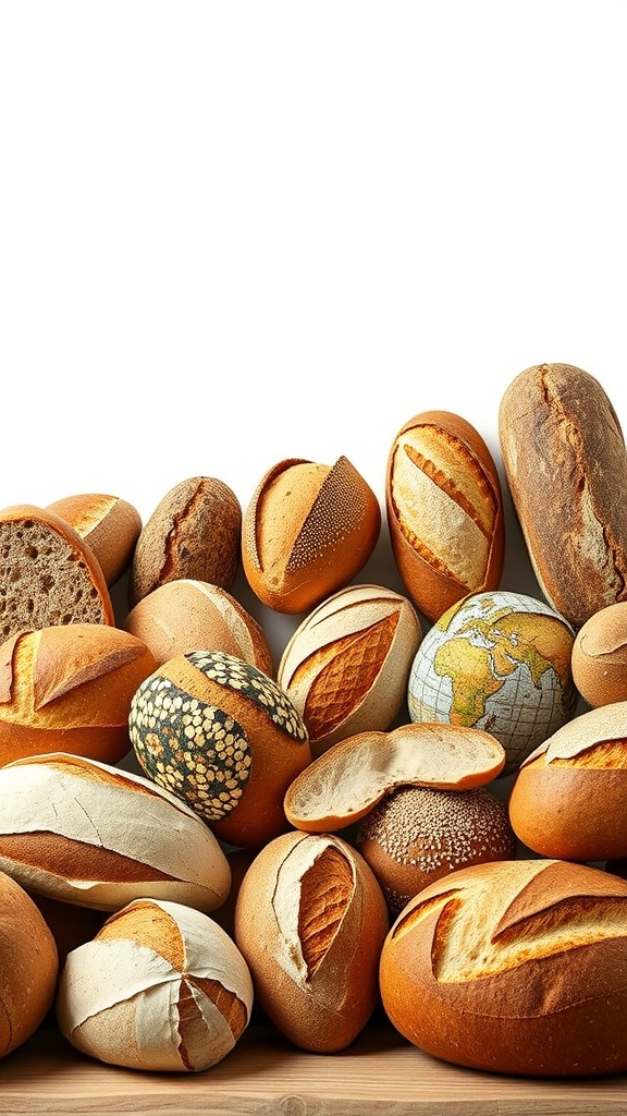 A variety of sourdough bread loaves representing different cultural styles.