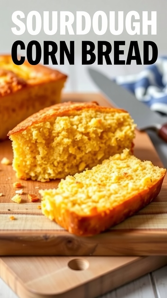 Deliciously baked sourdough cornbread sliced on a wooden board