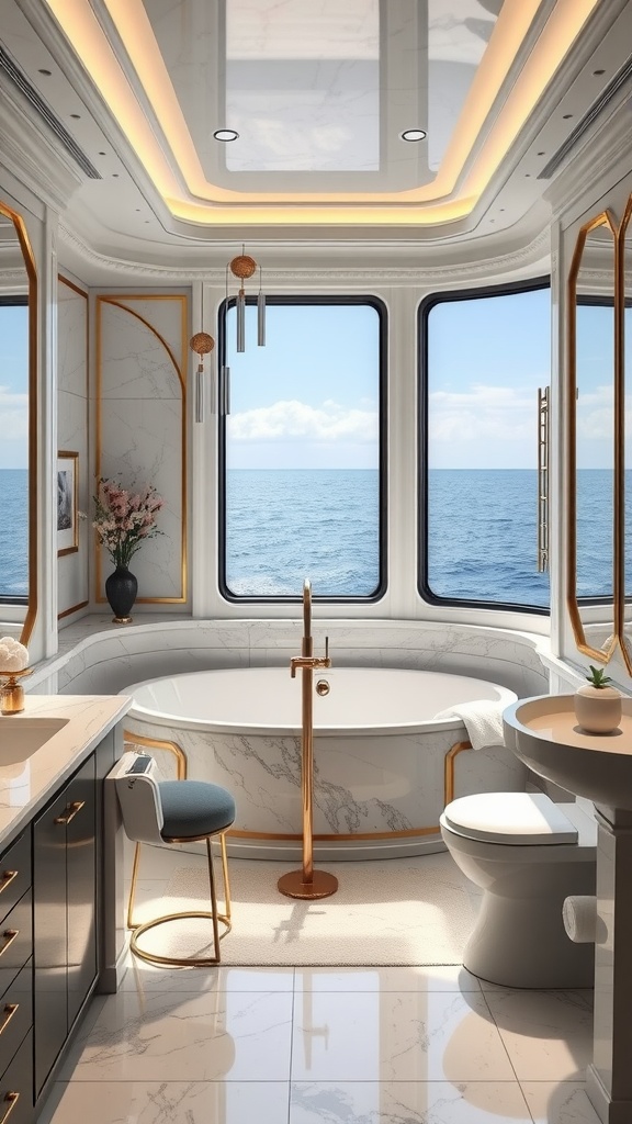 Luxurious yacht bathroom with ocean view and elegant fixtures.