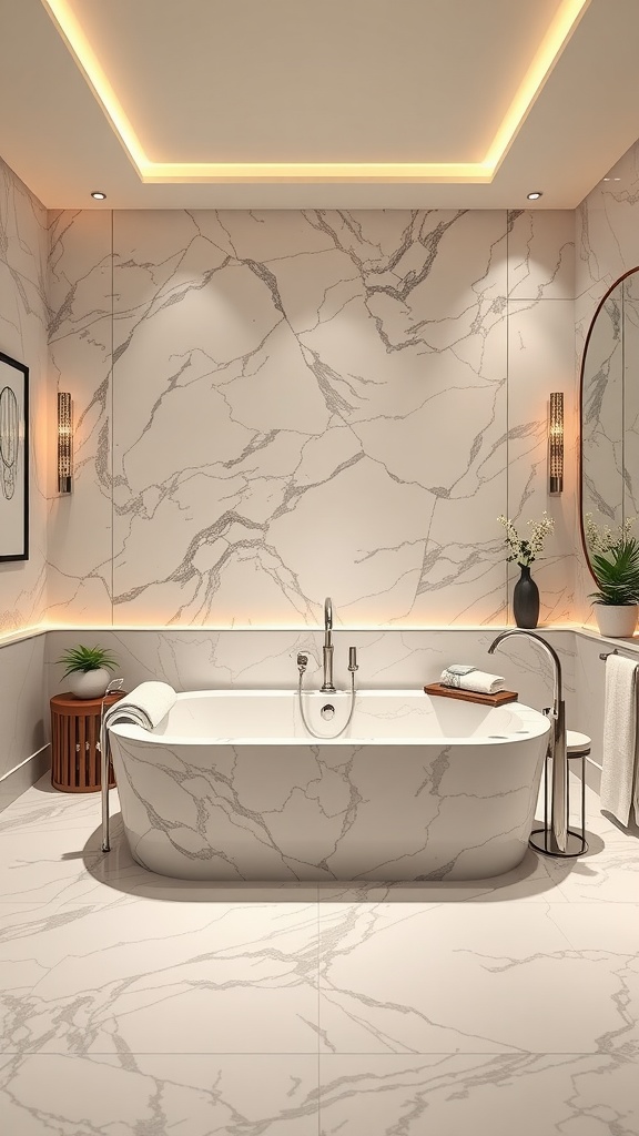 Luxurious bathroom with marble finishes and modern fixtures.