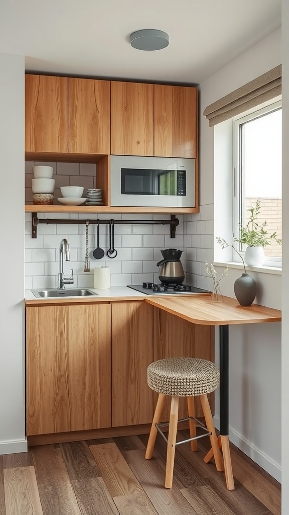 A compact kitchen featuring wooden cabinets, a small sink, and a foldable table.