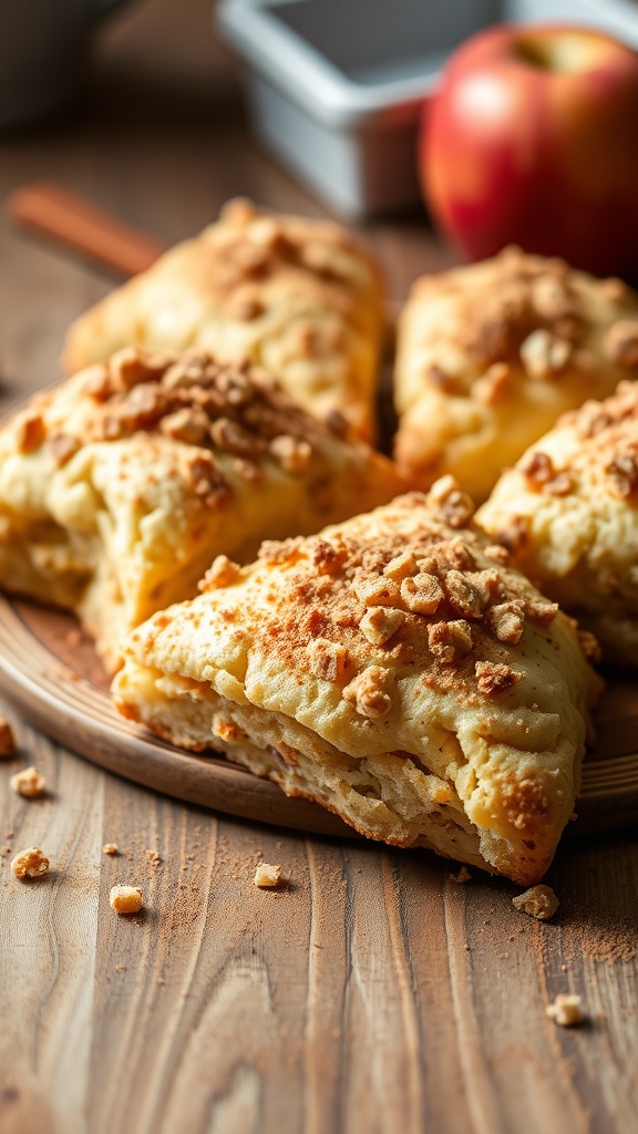Spiced apple scones with a cinnamon crunch topping arranged on a wooden platter.