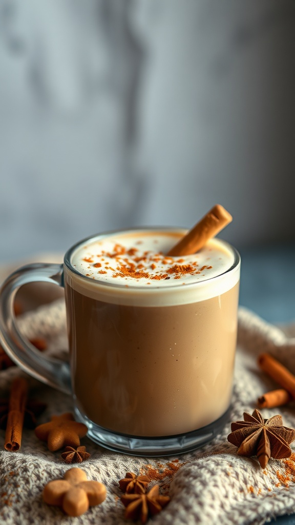 A spiced chai smoothie in a glass with a cinnamon stick and spices around it.