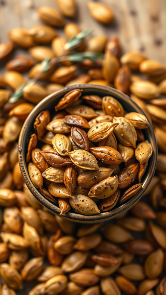 A bowl of spiced pumpkin seeds on a wooden surface.