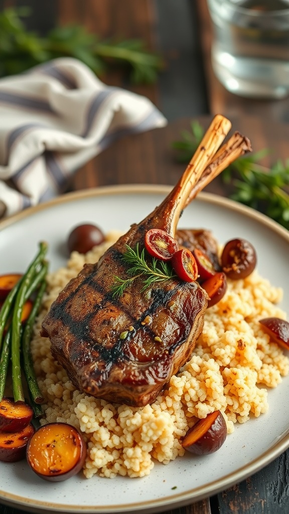 Spiced lamb chops served with couscous and grilled vegetables.