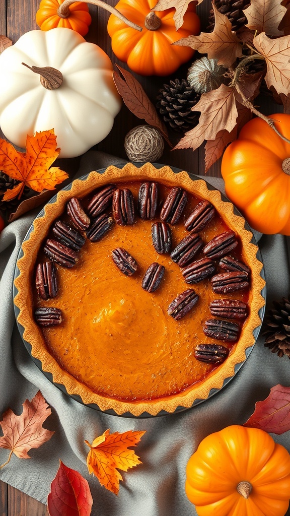 A spiced pumpkin pecan pie with pecans on top, surrounded by autumn leaves and pumpkins.