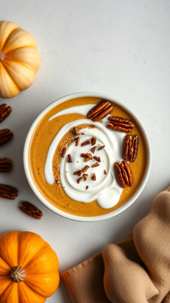 A delicious spiced pumpkin pie smoothie bowl with toppings